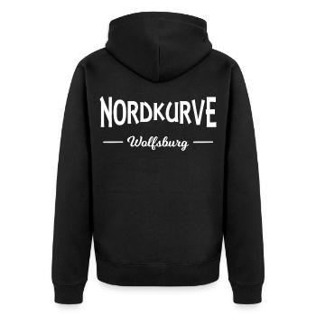 Nordkurve Wolfsburg - Unisex Premium Bio Zip Hoodie - Schwarz - Hinten - Nico (187cm)