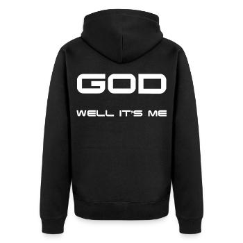 Gott bin ich! - Unisex Premium Bio Zip Hoodie - Schwarz - Hinten - Nico (187cm)