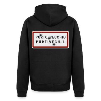 panneau d’entrée de la ville de porto vecchio - Veste à capuche bio Premium Unisexe - noir - Dos - Nico (187cm)