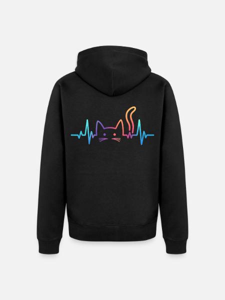 Cat ECG Heartbeat Rainbow Motif - Unisex Premium Organic Zip Hoodie - black