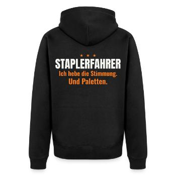 Staplerfahrer – Stimmung & Paletten (dunkel) - Unisex Premium Bio Zip Hoodie - Schwarz - Hinten - Nico (187cm)