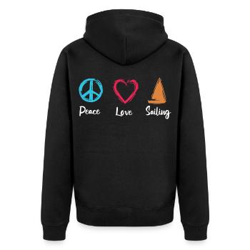 Frieden Liebe Segeln - Unisex Premium Bio Zip Hoodie - Schwarz - Hinten - Nico (187cm)
