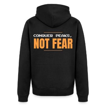 Erobere Gipfel und fürchte nicht Bergmotiv - Unisex Premium Bio Zip Hoodie - Schwarz - Hinten - Nico (187cm)