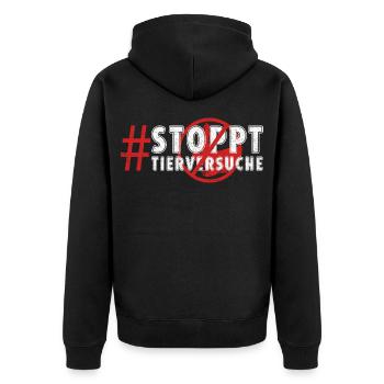 Tierschutz STOPPT TIERVERSUCHE LUSTIG - Unisex Premium Bio Zip Hoodie - Schwarz - Hinten - Nico (187cm)