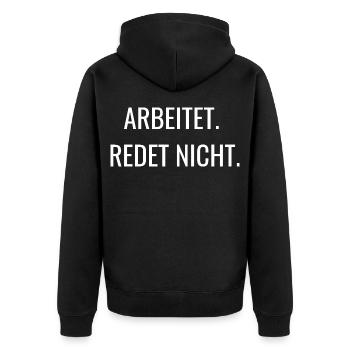Works, doesn't talk | Work Shirt - Unisex Premium Organic Zip Hoodie - black - Back - Nico (187cm)