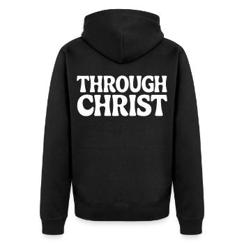 Trough Christ Jesus Christen Glaube - Unisex Premium Bio Zip Hoodie - Schwarz - Hinten - Nico (187cm)