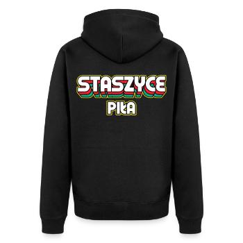 Staszyce Piła. Name des Retro-Bezirks - Unisex Premium Bio Zip Hoodie - Schwarz - Hinten - Nico (187cm)