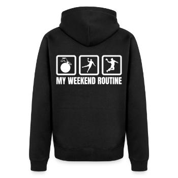 Meine Wochenendroutine - Unisex Premium Bio Zip Hoodie - Schwarz - Hinten - Nico (187cm)