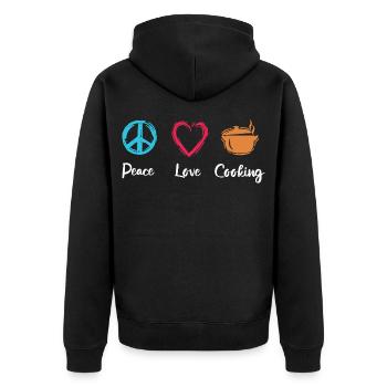 Peace Love Cooking - Unisex Premium Organic Zip Hoodie - black - Back - Nico (187cm)