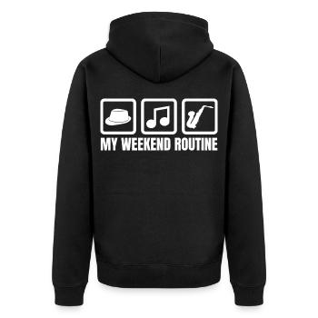 Meine Wochenendroutine - Unisex Premium Bio Zip Hoodie - Schwarz - Hinten - Nico (187cm)