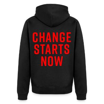 Change starts now - Unisex Premium Organic Zip Hoodie - black - Back - Nico (187cm)