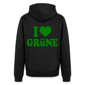 I love grüne - Unisex Premium Bio Zip Hoodie - Schwarz - Hinten - Nico (187cm)