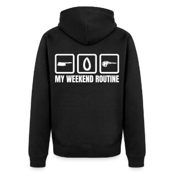 Metzger Wochenendroutine - Unisex Premium Bio Zip Hoodie - Schwarz - Hinten - Nico (187cm)