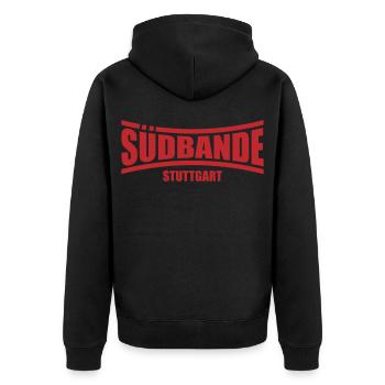 Südbande Stuttgart | Farbe änderbar - Unisex Premium Bio Zip Hoodie - Schwarz - Hinten - Nico (187cm)
