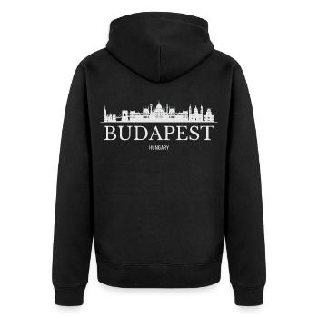 Budapester Skyline, Budapest, Ungarn - Unisex Premium Bio Zip Hoodie - Schwarz - Hinten - Nico (187cm)