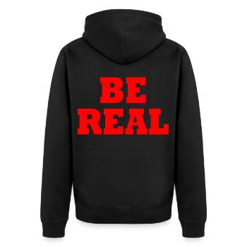 Be real - Unisex Premium Bio Zip Hoodie - Schwarz - Hinten - Nico (187cm)