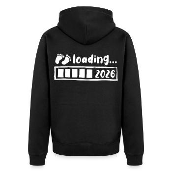 Baby 2026 loading - Schwangerschaft - Geschenk - Unisex Premium Bio Zip Hoodie - Schwarz - Hinten - Nico (187cm)