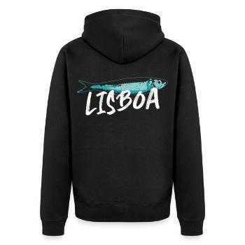 Sardine Lissabon Illustration Portugal im Sommer - Unisex Premium Bio Zip Hoodie - Schwarz - Hinten - Nico (187cm)