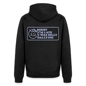 Sorry I'm Late – Funny Retro Sign - Unisex Premium Organic Zip Hoodie - black - Back - Nico (187cm)