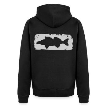 Zander im Farbstrich - grau - Unisex Premium Bio Zip Hoodie - Schwarz - Hinten - Nico (187cm)