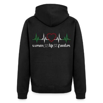Woman Life Freedom Herzschlag Frauenrechte Iran - Unisex Premium Bio Zip Hoodie - Schwarz - Hinten - Nico (187cm)
