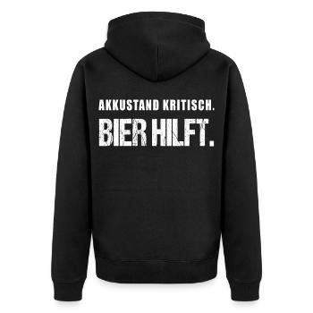 Akkustand kritisch Bier hilft Lustiger Spruch - Unisex Premium Bio Zip Hoodie - Schwarz - Hinten - Nico (187cm)