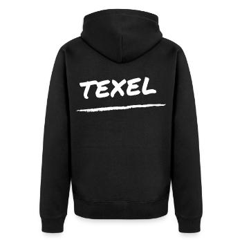 Texel Schriftzug - Unisex Premium Bio Zip Hoodie - Schwarz - Hinten - Nico (187cm)