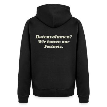 Datenvolumen? Nur Festnetz! – Retro Shirt Funshirt - Unisex Premium Bio Zip Hoodie - Schwarz - Hinten - Nico (187cm)