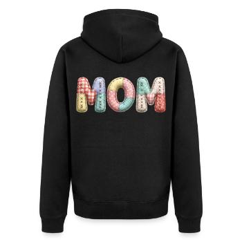 Mom Schriftzug Patchwork Stoff Look - Unisex Premium Bio Zip Hoodie - Schwarz - Hinten - Nico (187cm)