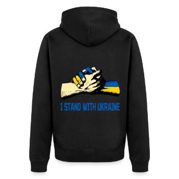 Ich stehe an der Seite der Ukraine - Unisex Premium Bio Zip Hoodie - Schwarz - Hinten - Nico (187cm)