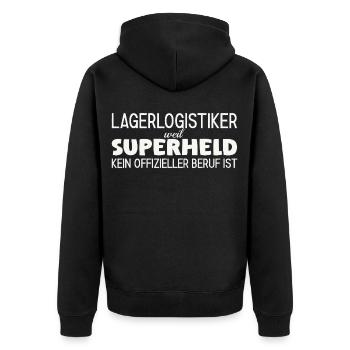 Lagerlogistiker Superheld - Unisex Premium Bio Zip Hoodie - Schwarz - Hinten - Nico (187cm)