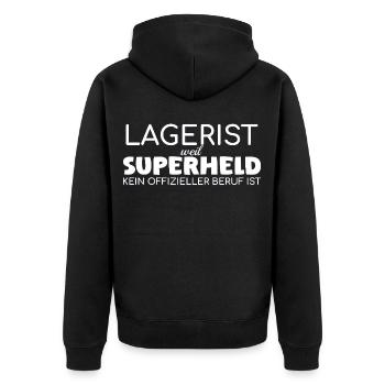 Lagerist Superheld - Unisex Premium Bio Zip Hoodie - Schwarz - Hinten - Nico (187cm)