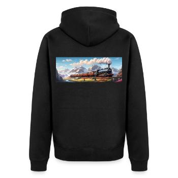 Nostalgischer Eisenbahnzug mit Dampflokomotive - Unisex Premium Bio Zip Hoodie - Schwarz - Hinten - Nico (187cm)