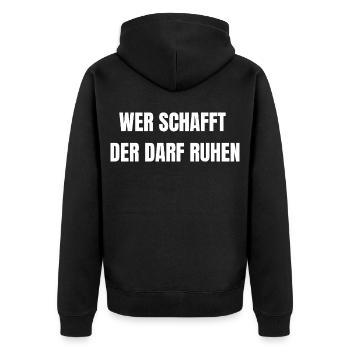 He who creates, may rest | Work Shirt - Unisex Premium Organic Zip Hoodie - black - Back - Nico (187cm)