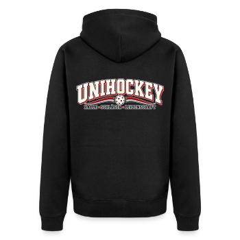 Unihockey Leidenschaft Logo - Unisex Premium Bio Zip Hoodie - Schwarz - Hinten - Nico (187cm)