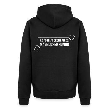 40er Humor Gegen Alles - Unisex Premium Bio Zip Hoodie - Schwarz - Hinten - Nico (187cm)