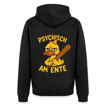 Psychisch am Ente Lustige Enten Spruch - Unisex Premium Bio Zip Hoodie - Schwarz - Hinten - Nico (187cm)