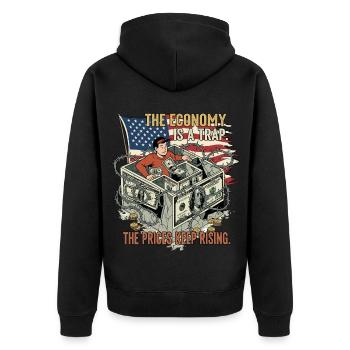 Die Wirtschaft ist eine Falle - Unisex Premium Bio Zip Hoodie - Schwarz - Hinten - Nico (187cm)