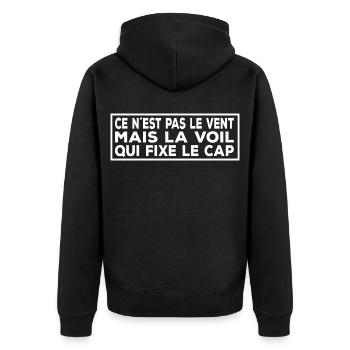 Französisches Segel Zitat – Voile & Vent - Unisex Premium Bio Zip Hoodie - Schwarz - Hinten - Nico (187cm)