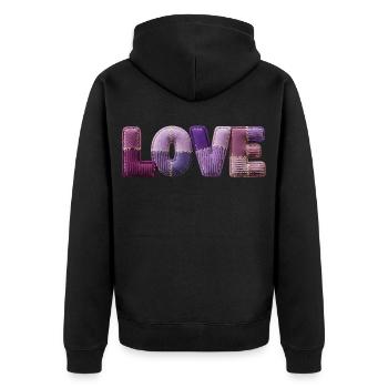 Love Schriftzug Patchwork 3D Stoff Look - Unisex Premium Bio Zip Hoodie - Schwarz - Hinten - Nico (187cm)