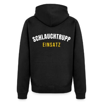Schlauchtrupp Einsatz – Feuerwehr Crew T‑Shirt - Unisex Premium Bio Zip Hoodie - Schwarz - Hinten - Nico (187cm)