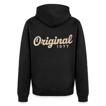 Geburtstagsgeschenk 1977 | Geboren 1977 - Unisex Premium Bio Zip Hoodie - Schwarz - Hinten - Nico (187cm)