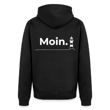 Moin Leuchtturm – Minimalistisches Nordsee Design - Unisex Premium Bio Zip Hoodie - Schwarz - Hinten - Nico (187cm)