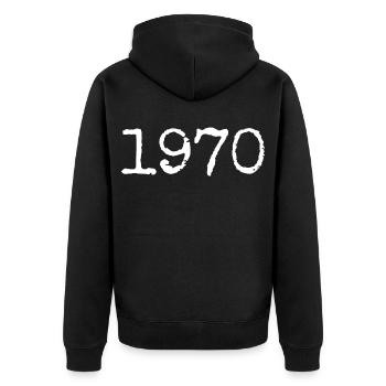 Legendär seit 1970 - Unisex Premium Bio Zip Hoodie - Schwarz - Hinten - Nico (187cm)