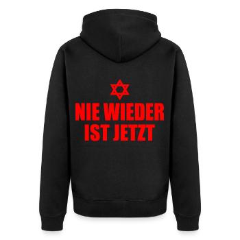 Never again is now - Unisex Premium Organic Zip Hoodie - black - Back - Nico (187cm)