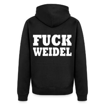 Fuck weidel - Unisex Premium Bio Zip Hoodie - Schwarz - Hinten - Nico (187cm)
