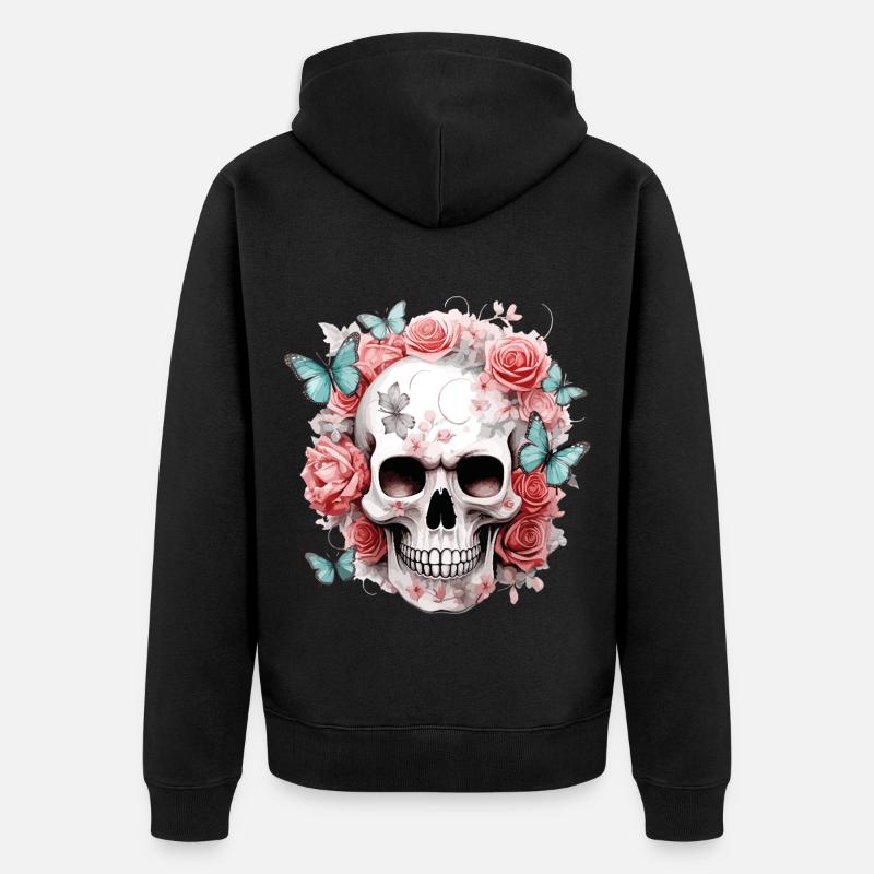 Crâne, Crâne, Roses, Fleurs, Papillons - Veste à capuche bio Premium Unisexe - noir