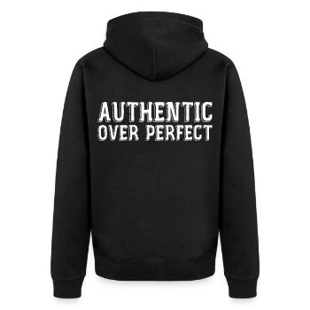 Authentisch statt perfekt - Unisex Premium Bio Zip Hoodie - Schwarz - Hinten - Nico (187cm)
