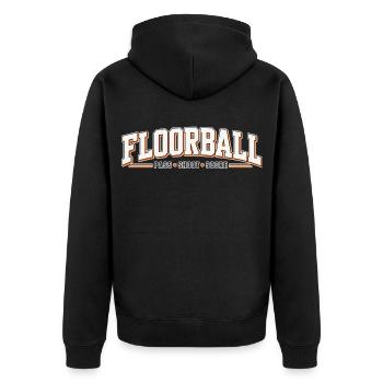 Floorball Kraft: Pass Schuss Treffer - Unisex Premium Bio Zip Hoodie - Schwarz - Hinten - Nico (187cm)