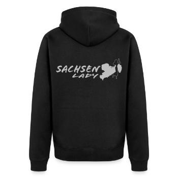 Sachsenlady - Sachsenladie - Sachsen - Dialekt - Unisex Premium Bio Zip Hoodie - Schwarz - Hinten - Nico (187cm)